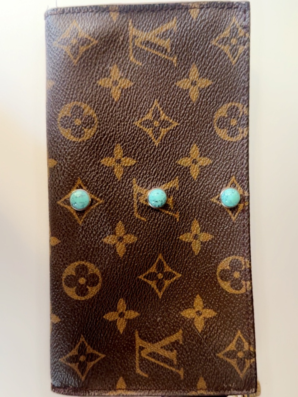repurposed upcycled louis vuitton wallet with turquoise stone detail